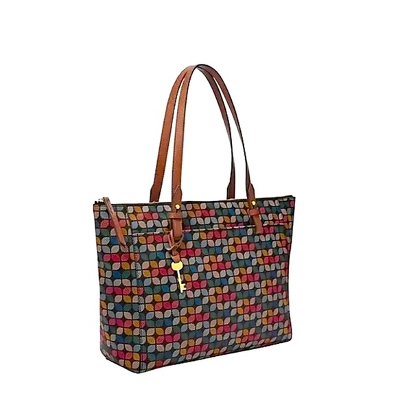 Fossil Rachel Geometric printed PVC Zip VeganTote Multicolor & Key Charm⭐️ - Picture 9 of 17